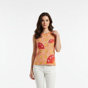 itsus Vintage Orange Red Patterned Folding Fan Tank Top Med - Deadstock